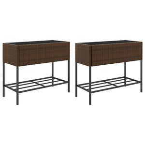 vidaXL Sodo loveliai su lentyna, 2vnt., rudi, 90x40x75cm, poliratanas