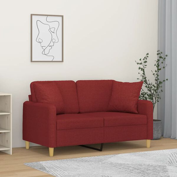 vidaXL Dvivietė sofa su pagalvėmis, raudonojo vyno, 120cm, audinys