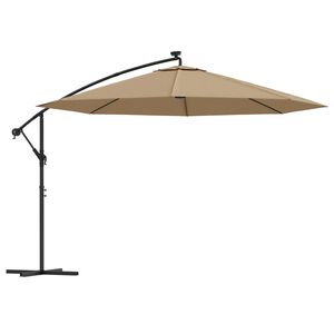 vidaXL Gembinis skėtis su LED ir metaliniu stulpu, taupe, 350cm