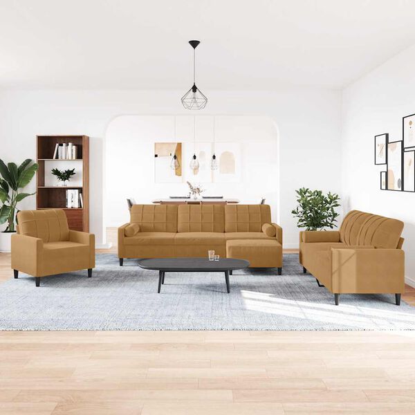 vidaXL Sofos komplektas su pagalvėlėmis, 4 dalių, rudas, aksomas