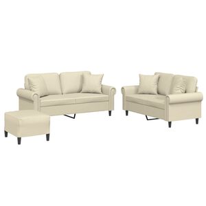 vidaXL Sofos komplektas su pagalvėmis, 3 dalių, kreminis, dirbtinė oda