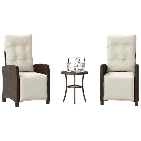 vidaXL Bistro komplektas su pagalvėlėmis, 3 dalių, rudas, poliratanas