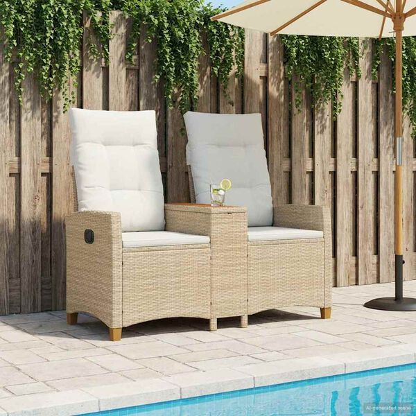 vidaXL Reclining Bench with Table Bežė ir kreminė balta poliratanas