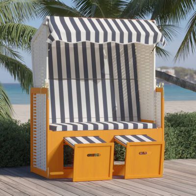 vidaXL Paplūdimio kėdė su stogeliu, balta/mėlyna, poliratanas/mediena