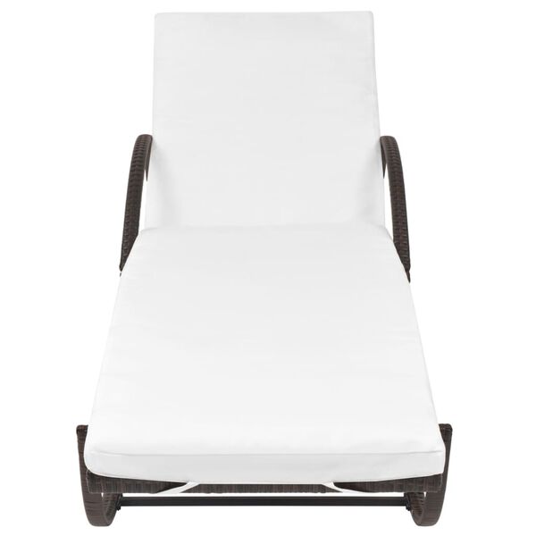 vidaXL Saulės gultas su čiužinuku ir stalu, poliratanas, rudas