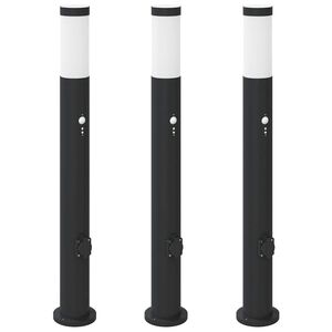 vidaXL Ap&scaron;vietimo stulpeliai su jutikliu ir lizdu, 3 vnt., 80 cm, nerūdijantis plienas, IP44
