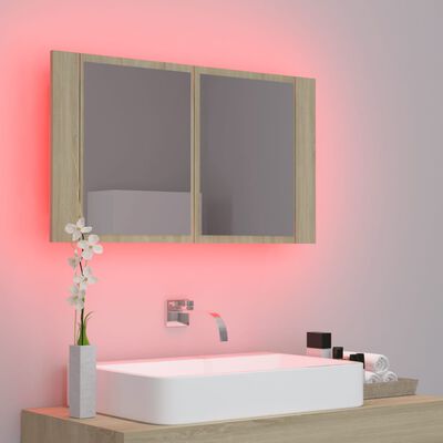 vidaXL Veidrodinė vonios spintelė su LED, ąžuolo, 80x12x45cm, akrilas
