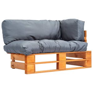 vidaXL Sodo sofa i&scaron; palečių su pilkomis pagalvėlėmis, pu&scaron;ies mediena