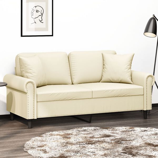 vidaXL Dvivietė sofa su pagalvėlėmis, kreminė, 140cm, dirbtinė oda