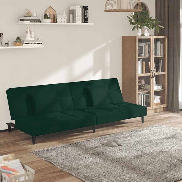 vidaXL Dvivietė sofa-lova su dvejomis pagalvėmis, žalia, aksomas