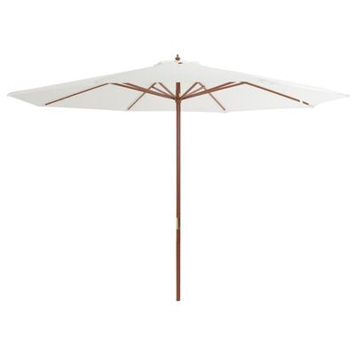 vidaXL Lauko skėtis su mediniu stulpu, smėl. ir balt. sp., 350 cm