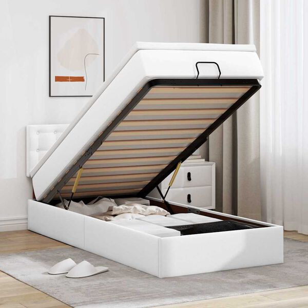 vidaXL Osmanų lovos rėmas su čiužiniu, baltas, 90x190cm, dirbt. oda