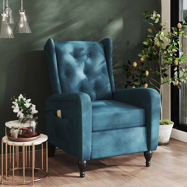 vidaXL Atlošiamas masažinis krėslas, mėlynos spalvos, aksomas