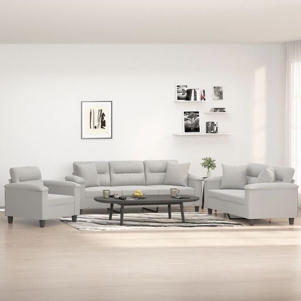 vidaXL Sofos komplektas su pagalvėmis, 3 dalių, pilkas, audinys