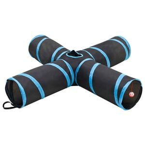 vidaXL Katės tunelis, 4 krypčių, juodas ir mėlynas, 132 cm, poliesteris