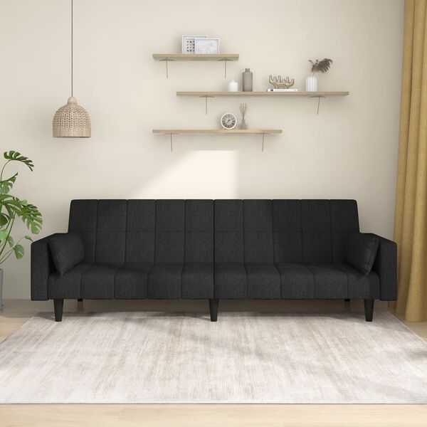 vidaXL Dvivietė sofa-lova su dvejomis pagalvėmis, juoda, audinys