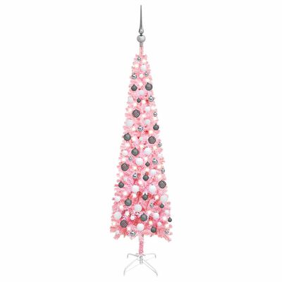 vidaXL Plona apšviesta Kalėdų eglutė su žaisliukais, rožinė, 150cm