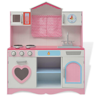 vidaXL Žaislinė virtuvė, mediena, 82x30x100cm, rožinė ir balta