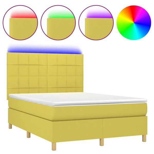 vidaXL Lova su spyruoklėmis/čiužiniu/LED, žalia, 140x190 cm, audinys