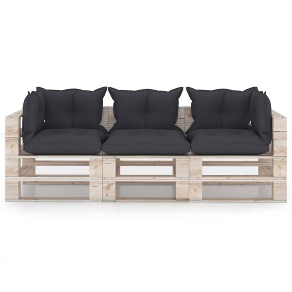 vidaXL Trivietė sodo sofa i&scaron; palečių su pagalvėlėmis, pu&scaron;ies mediena