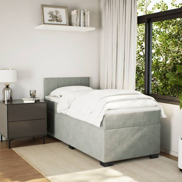 vidaXL Lova su spyruoklėmis ir čiužiniu, pilka, 90x200 cm, aksomas