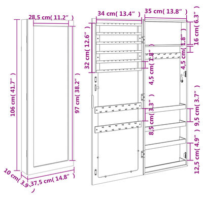vidaXL Veidrodinė papuošalų spintelė, balta, 37,5x10x106cm, sieninė