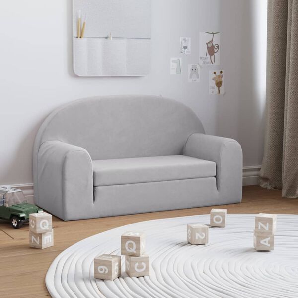 vidaXL Dvivietė vaiki&scaron;ka sofa-lova, &scaron;viesiai pilka, mink&scaron;tas pliu&scaron;as