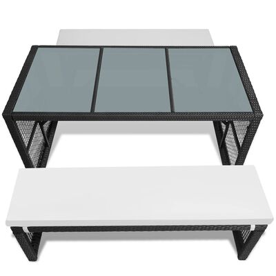 vidaXL Alaus stalas su 2 suoliukais, juodas, 160cm, poliratanas