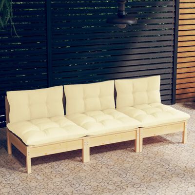 vidaXL Trivietė sodo sofa su kreminėmis pagalvėlėmis, pušies masyvas