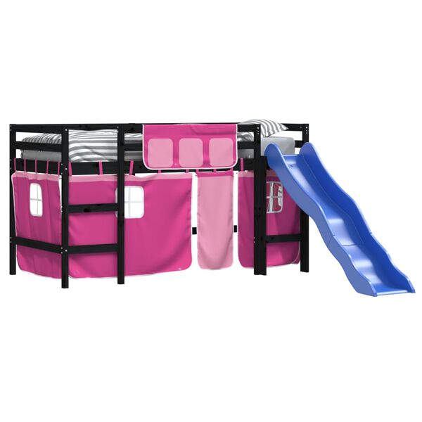 vidaXL Aukšta vaikiška lova su užuolaidomis, rožinė, 80x200cm, pušis