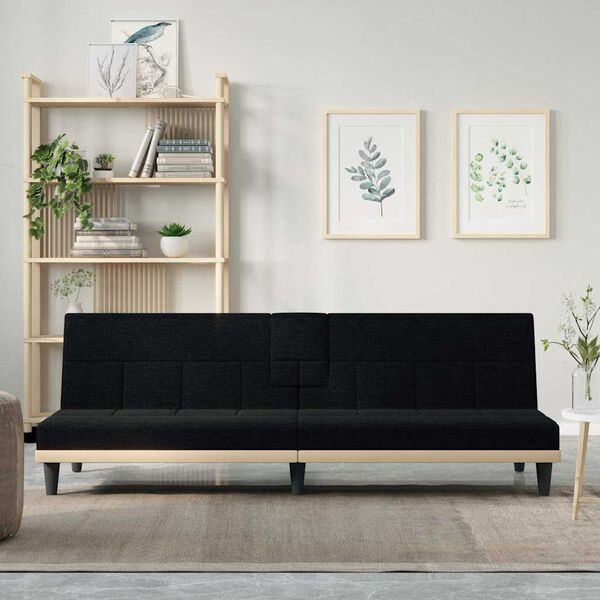 vidaXL Sofa-lova su puodelių laikikliais, juodos spalvos, audinys