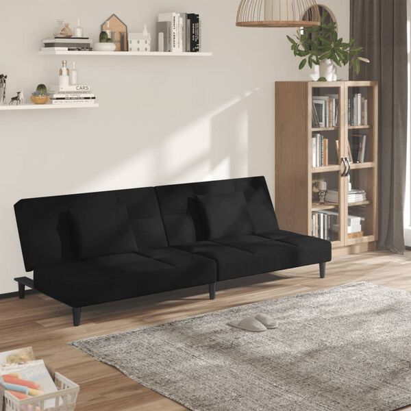 vidaXL Dvivietė sofa-lova su dvejomis pagalvėmis, juoda, aksomas