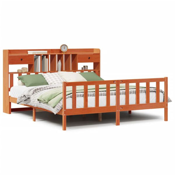 vidaXL Lova su knygų spinta be čiužinio, ruda, 200x200cm, pu&scaron;is