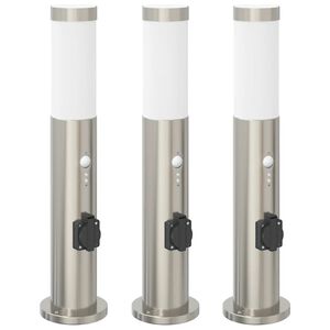 vidaXL Ap&scaron;vietimo stulpeliai su jutikliu ir lizdu, 3 vnt., 50 cm, nerūdijantis plienas, IP44