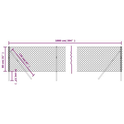 vidaXL Tinklinė tvora, sidabrinės spalvos, 0,8x10m
