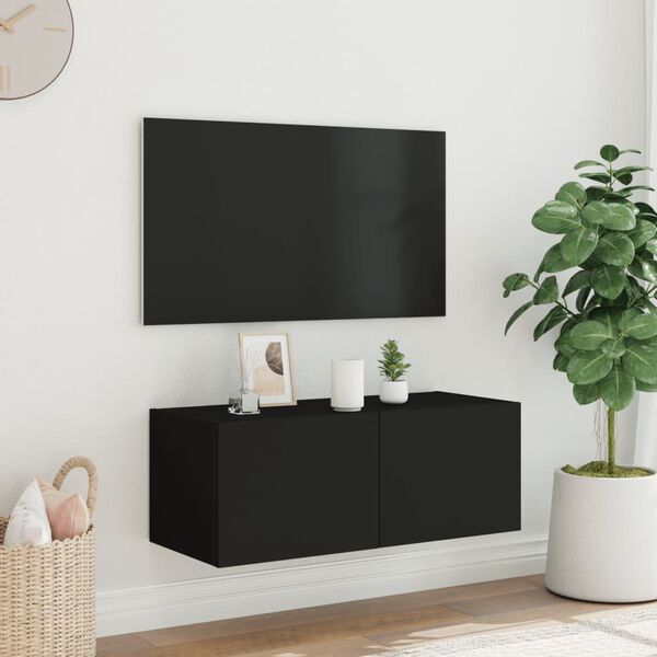 vidaXL Sieninė TV spintelė su LED lemputėmis, juoda, 80x35x31cm