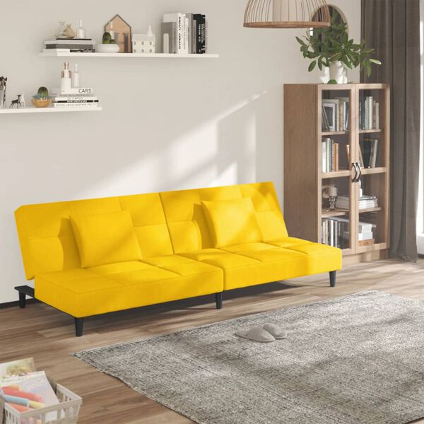 vidaXL Dvivietė sofa-lova su dvejomis pagalvėmis, geltona, aksomas