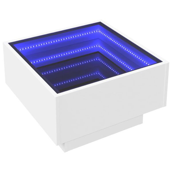 vidaXL Kavos staliukas su LED, baltas, 50x50x30cm, apdirbta mediena
