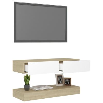 vidaXL TV spintelė su LED apšvietimu, balta ir sonoma ąžuolo, 90x35cm