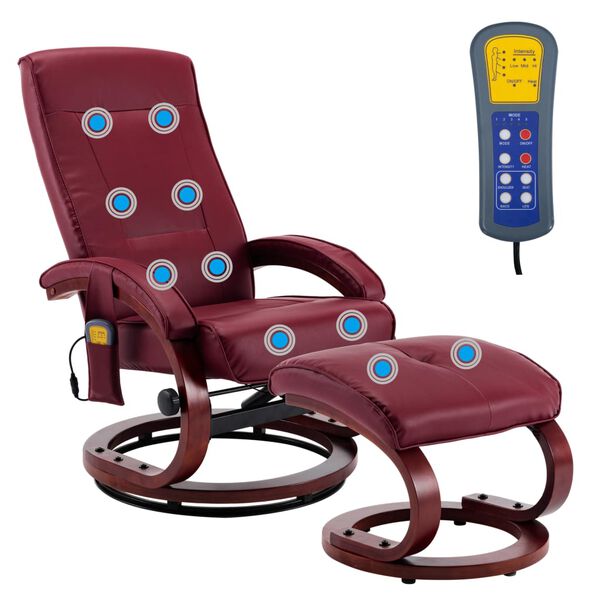 vidaXL Atlo&scaron;. masažinis krėslas su pakoja, raud. vyno sp., dirbt. oda