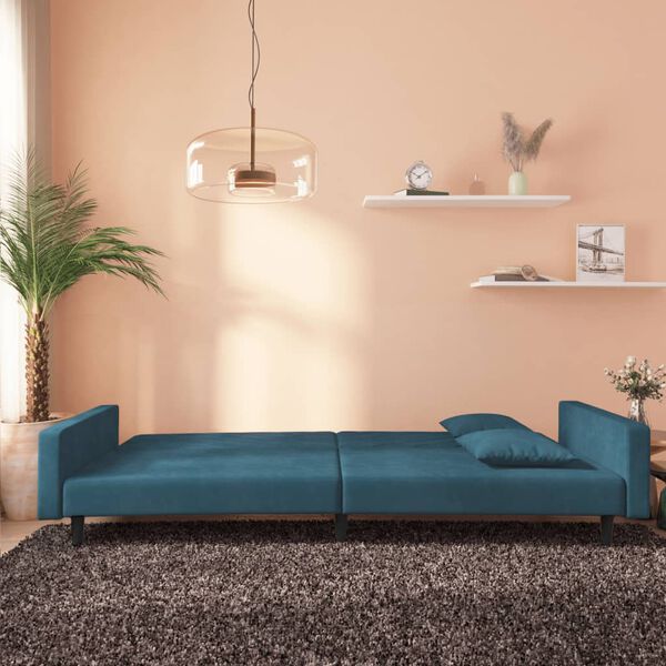vidaXL Dvivietė sofa-lova su dvejomis pagalvėmis, mėlyna, aksomas