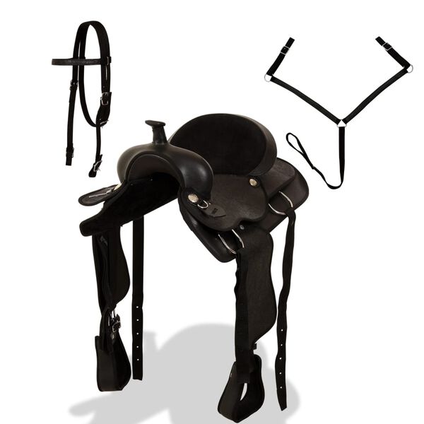 vidaXL Balnas, galvos ir krūtinės dirželiai, tikra oda, 16", juodas