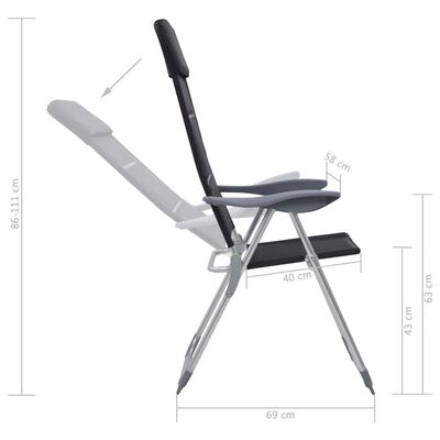 vidaXL Kempingo kėdės, 2 vnt., juodos, 58x69x111cm, aliuminis