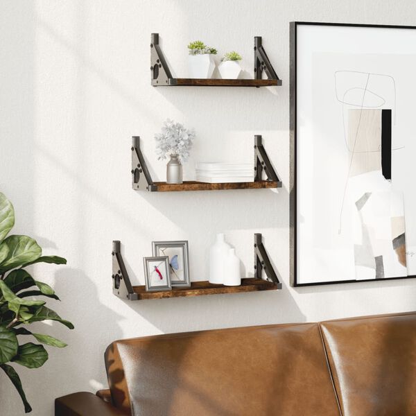 vidaXL Sieninių lentynų komplektas, 3vnt., dūminės, apdirbta mediena