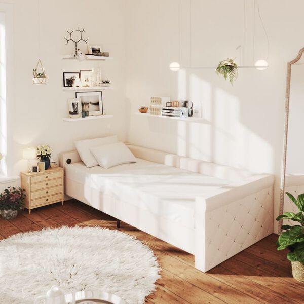 vidaXL Lova su čiužiniu ir USB i&scaron;vestimi, kreminė, 90x200cm, audinys