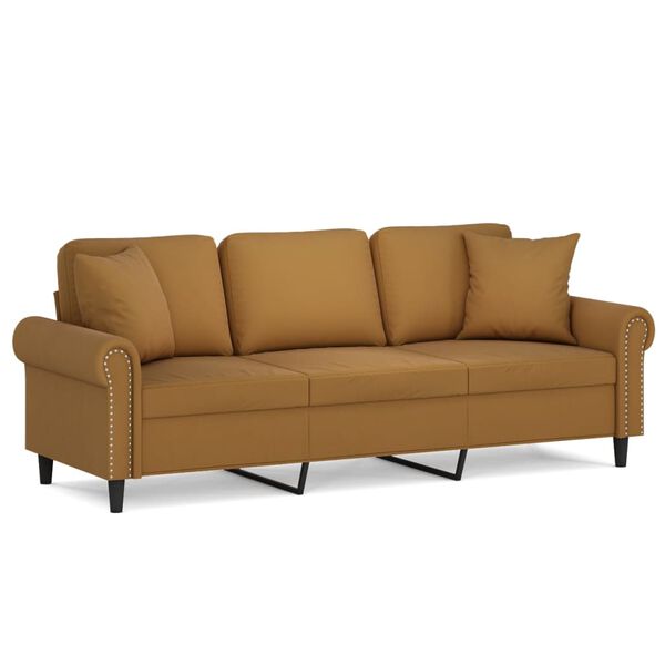 vidaXL Trivietė sofa su pagalvėmis, rudos spalvos, 180cm, aksomas