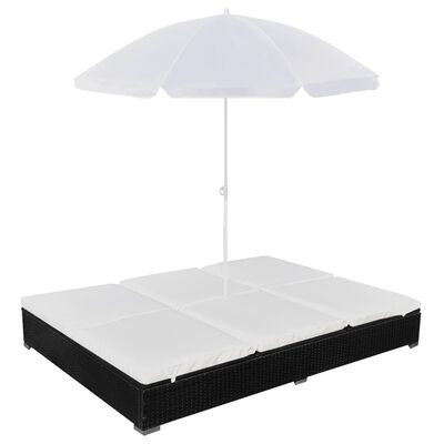 vidaXL Lauko saulės gultas su skėčiu, poliratanas, juodas