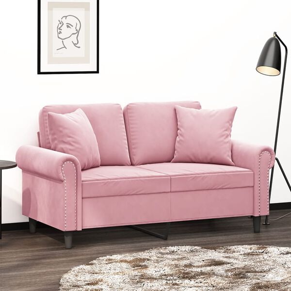 vidaXL Dvivietė sofa su pagalvėlėmis, rožinės spalvos, 120cm, aksomas