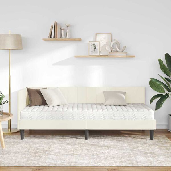 vidaXL Kampinė lovos konstrukcija su čiužiniu 2 pcs Kreminė Aksomas