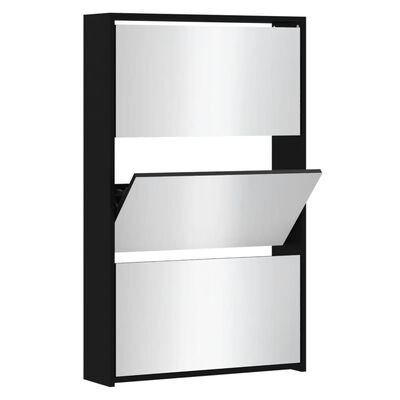 vidaXL Batų spintelė su veidrodžiu, 3 aukštų, juoda, 63x17x102,5cm